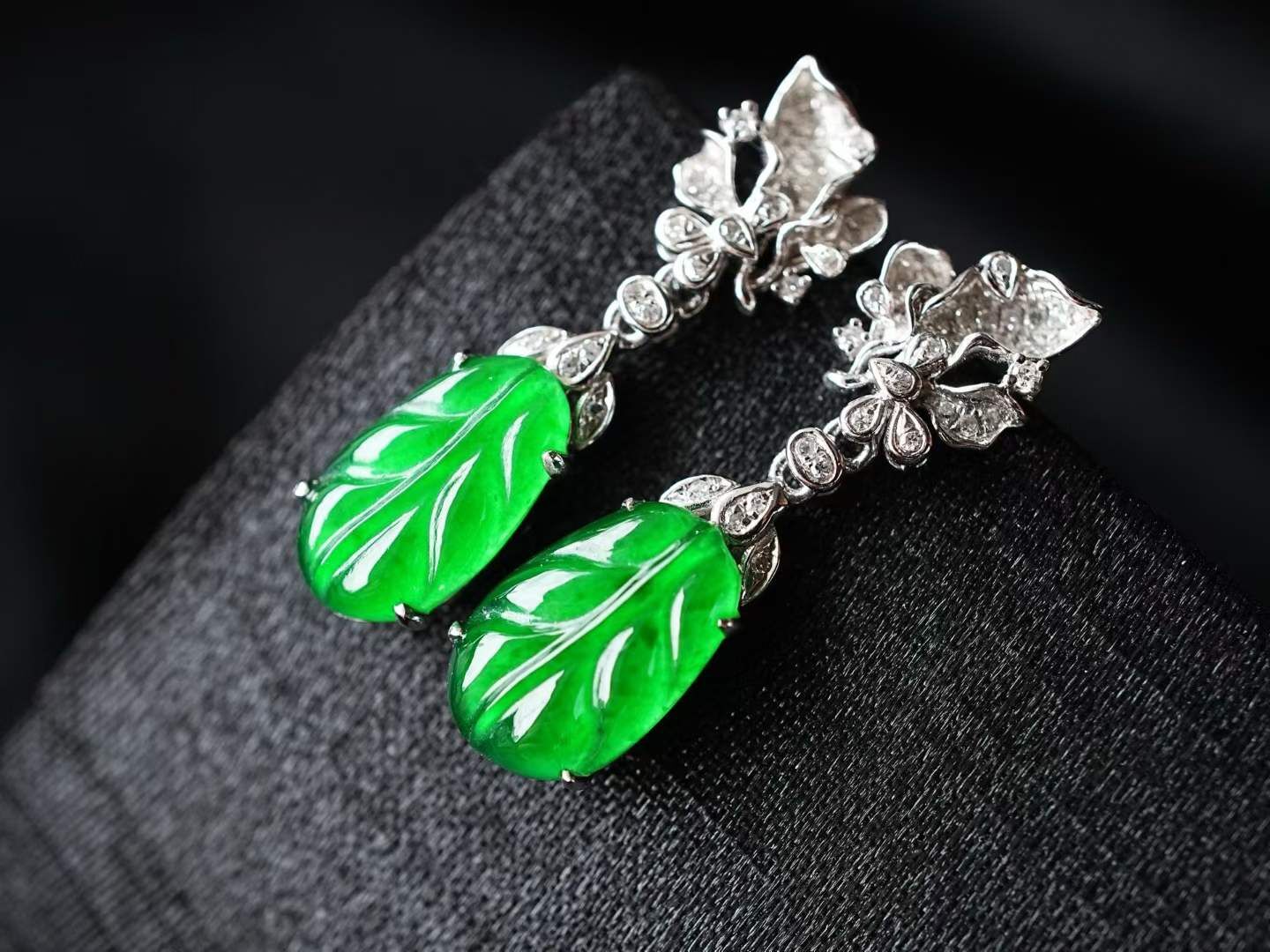 翡翠高冰辣陽綠葉子耳墜,天然翡翠A玉, 緬甸玉, Jade, Jadeite