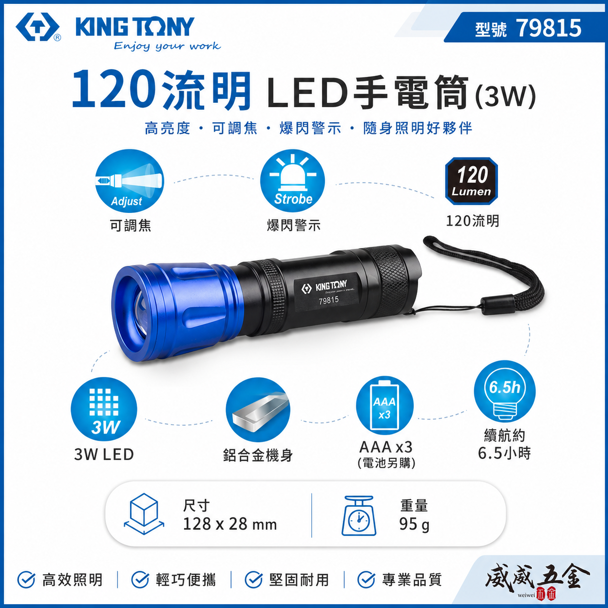 KING TONY 金統立 台灣製｜3W LED手電筒 120流明工作燈 平價白光照明燈 探照燈｜79815