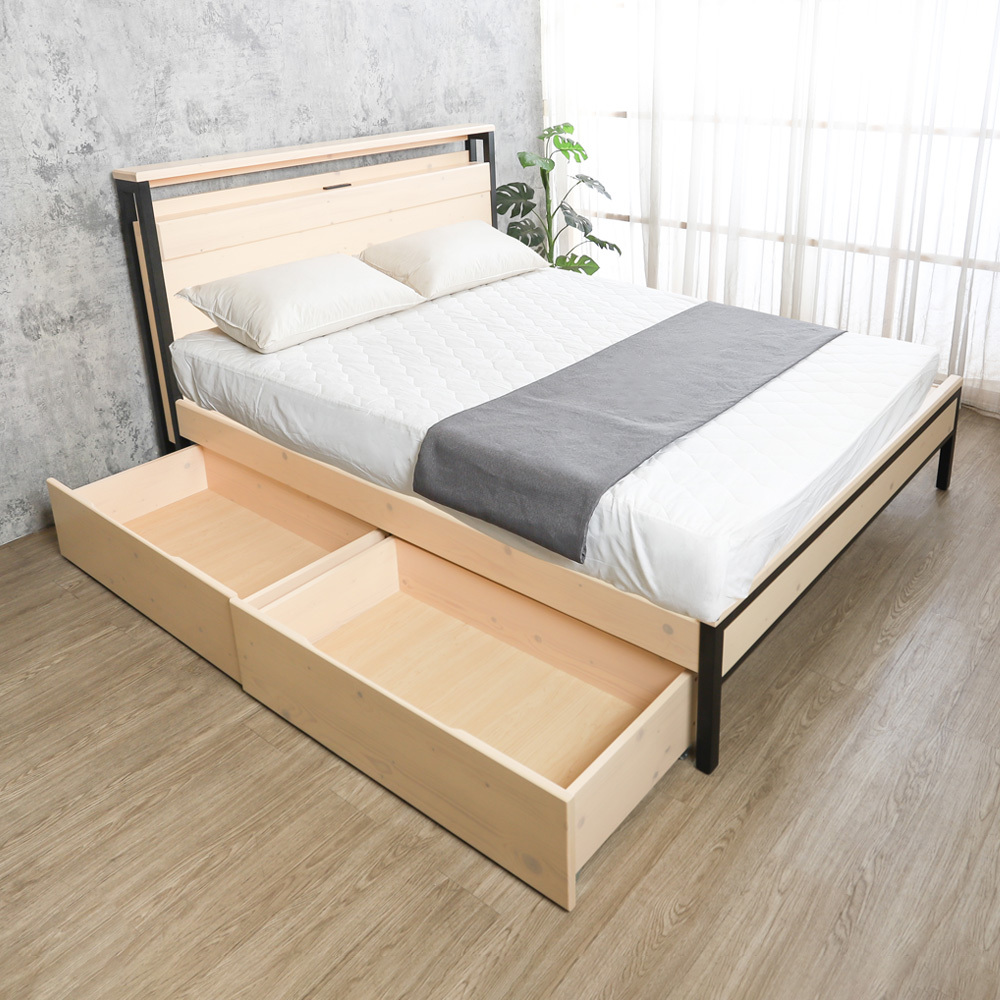 森林家具 溫斯5尺雙人工業風書架型實木床架/床組-收納抽屜型-附插座(兩色可選)