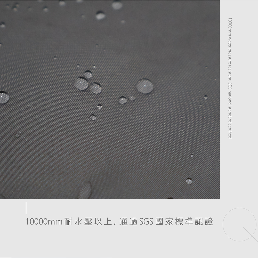 安全帽防水布料具備 10000mm 耐水壓以上並通過 SGS 國家標準認證。升級更防水, 荷葉效應水珠不殘留, 10000mm water pressure resistant, SGS national standard certified
