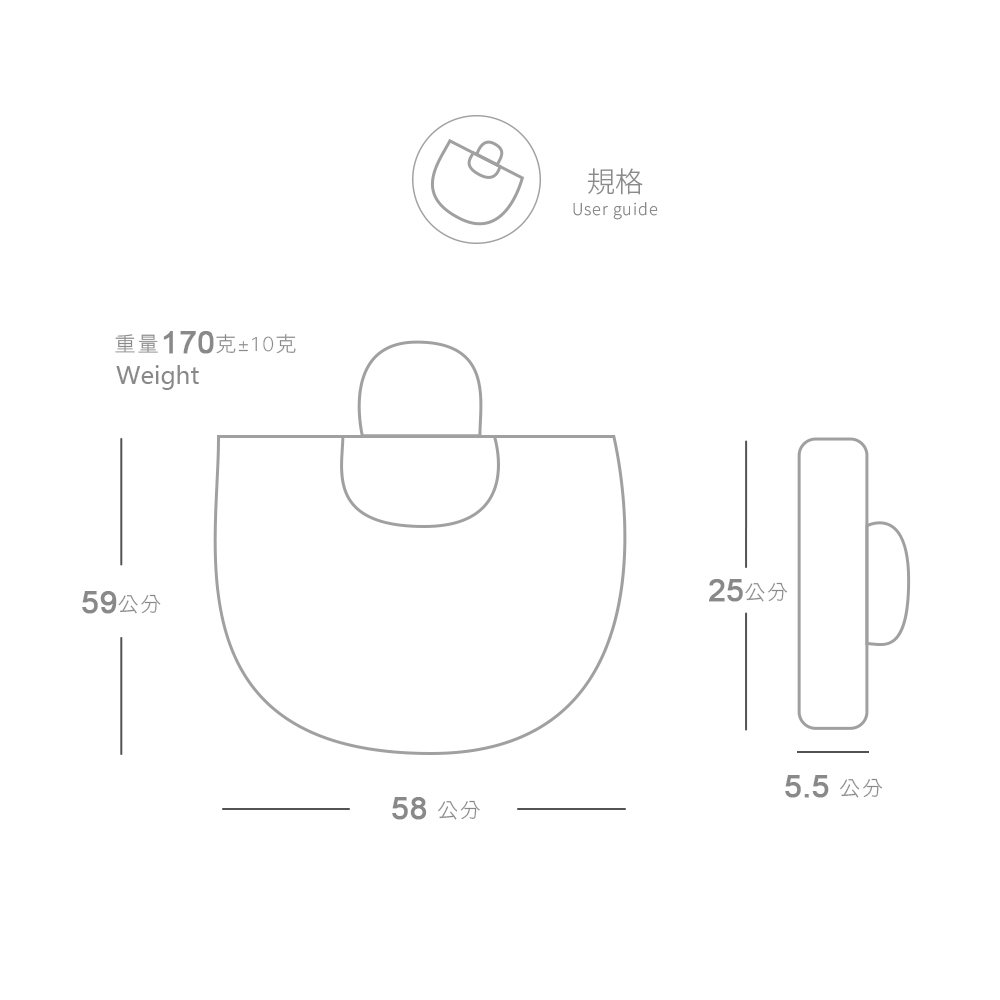 全帽防水套的詳細產品規格與尺寸,打開使用的規格為高度 59公分、寬度 58公分。折疊收納後的圓柱體規格為長度 25公分、厚度 5.5公分