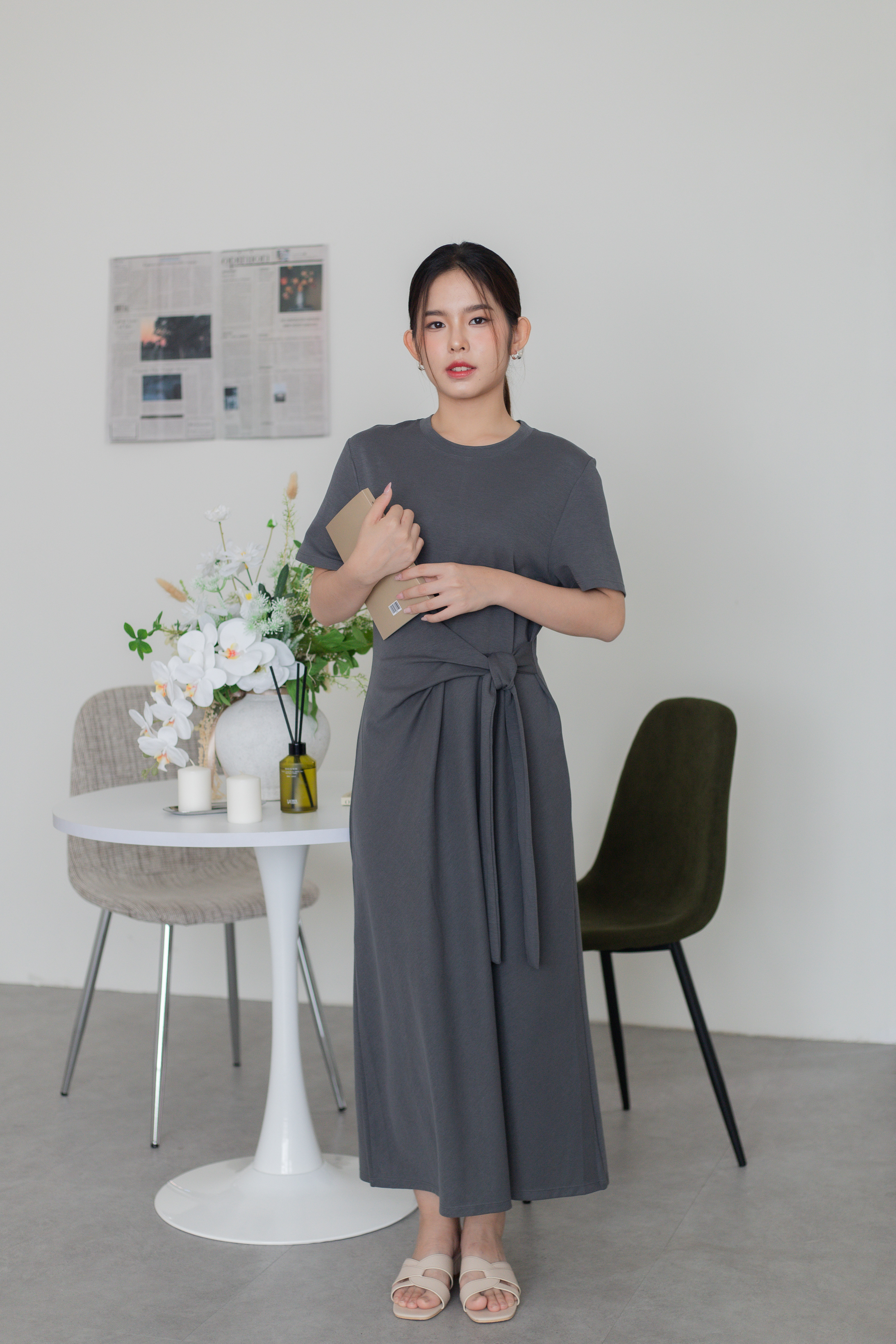 Luci Tied Front Tee Dress Dark Grey -2791DLDGY