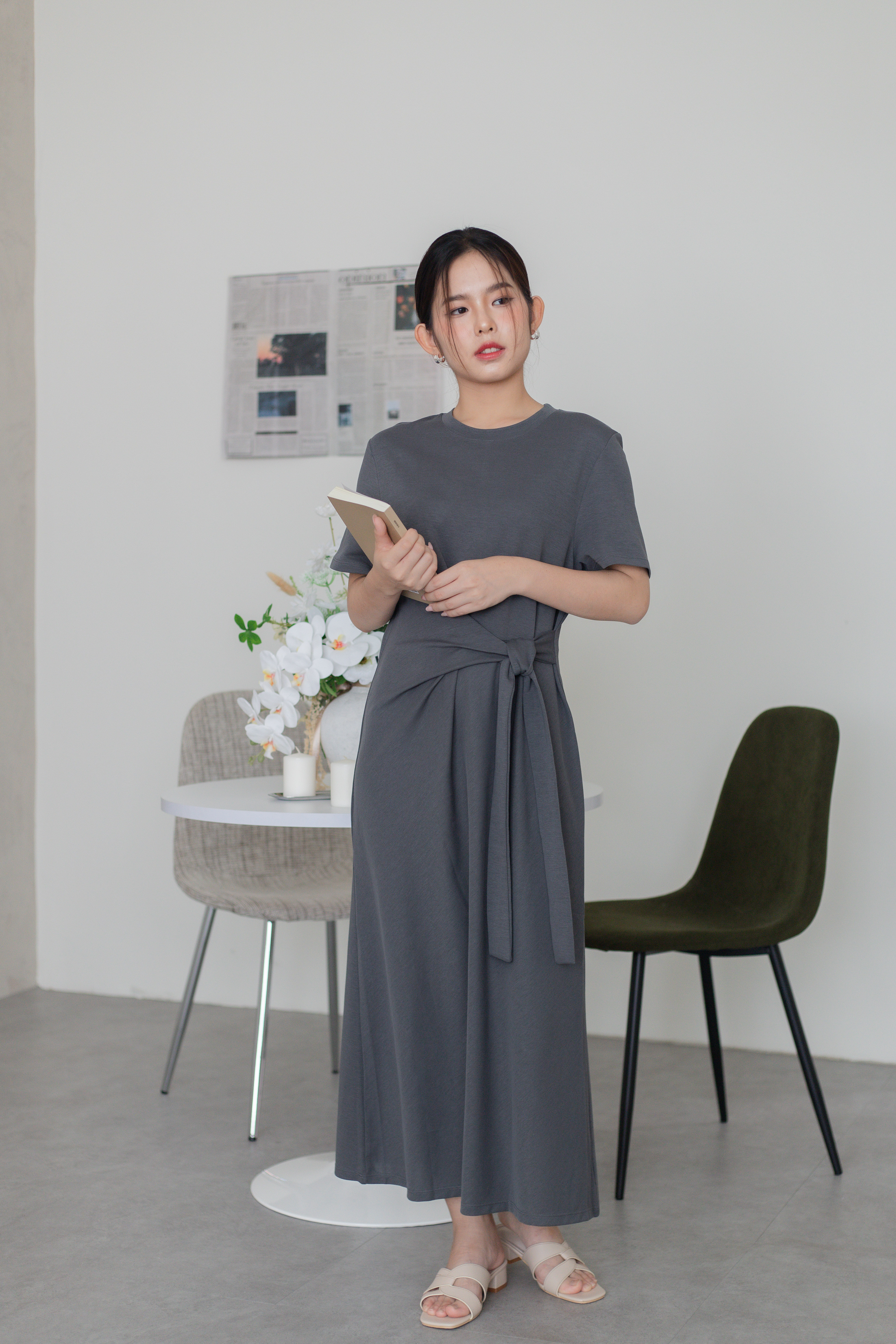 Luci Tied Front Tee Dress Dark Grey -2791DLDGY