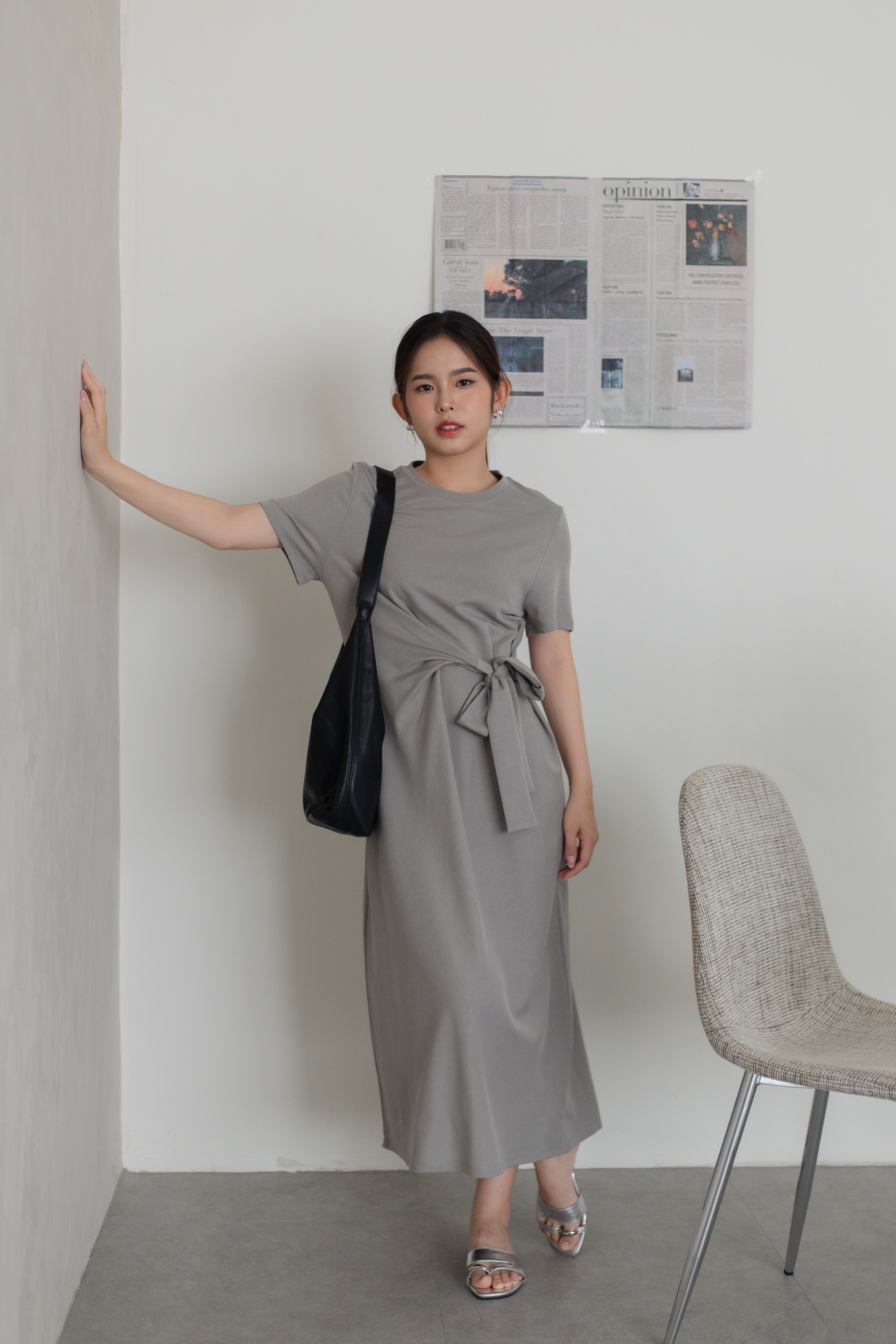 Luci Tied Front Tee Dress  Light Grey -2791DLLGY