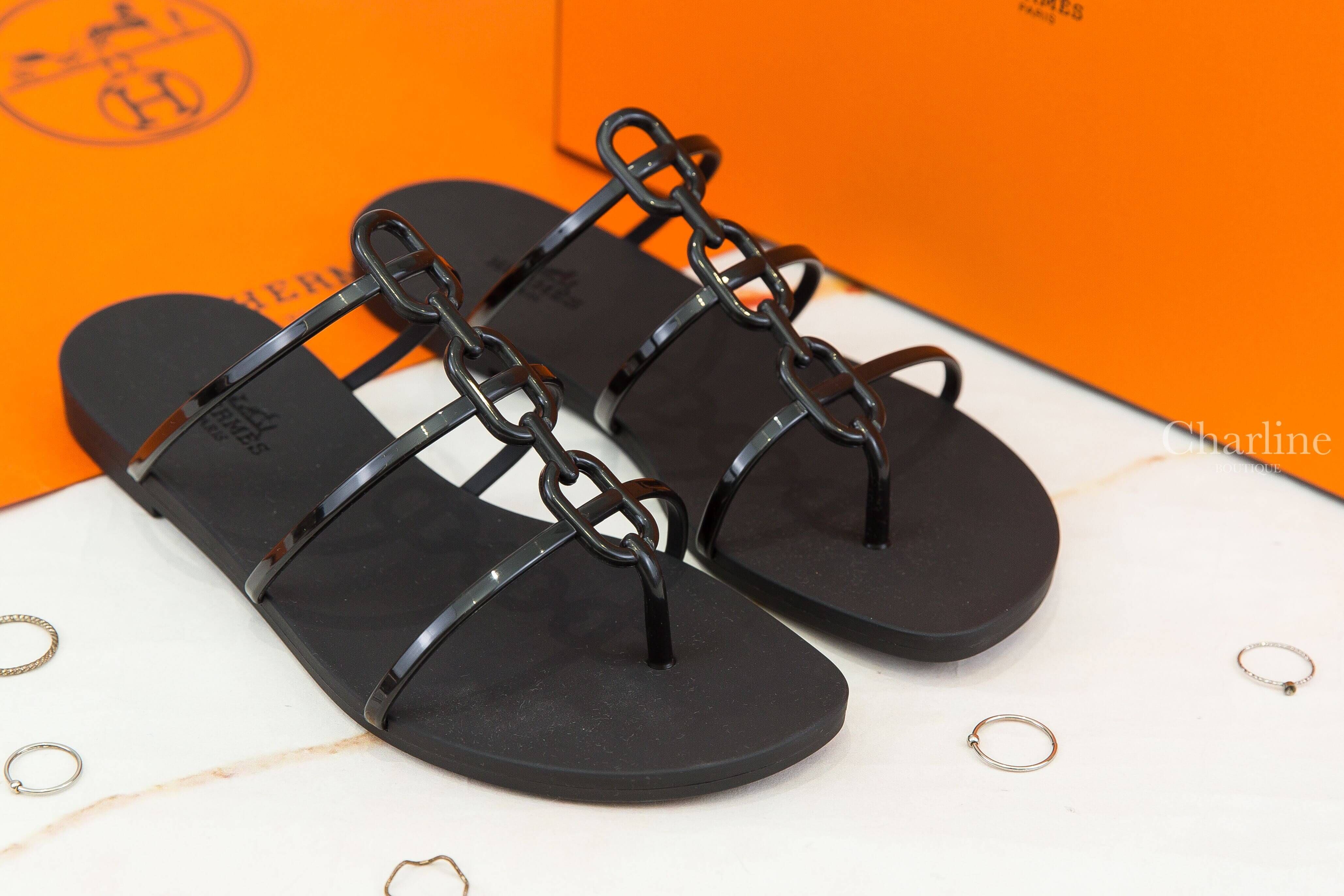 Hermès Mykonos Sandal 黑色θ橡膠人字平底拖鞋