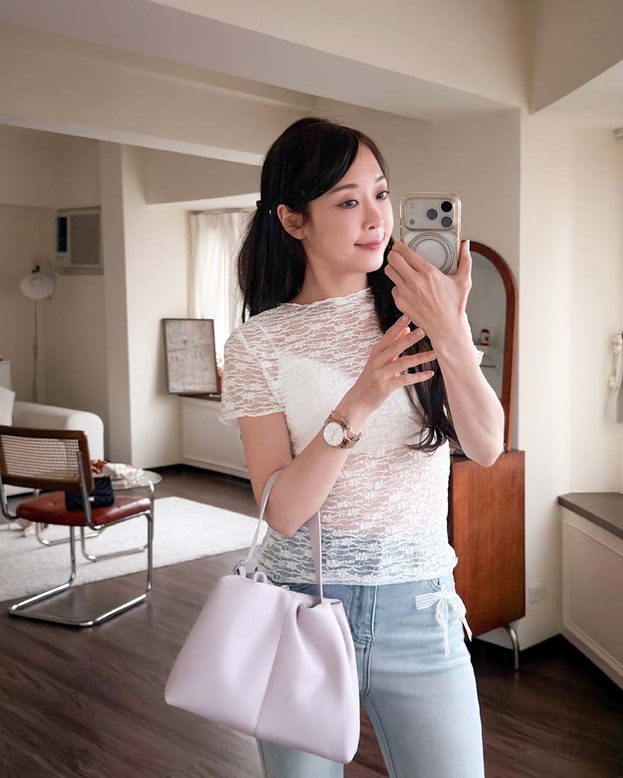 LINA LINA精緻疊加滿版蕾絲織紋透肌上衣-優美白