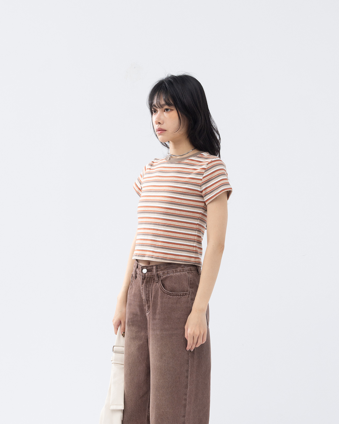 Striped short-sleeved top with colored piping, available in three colors【01099659】in stock+pre-order