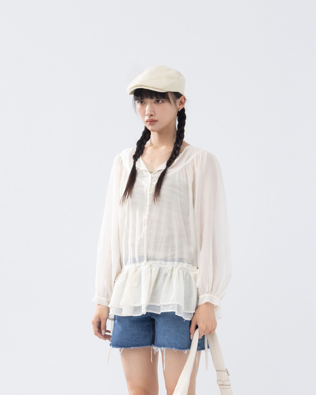 Round neck button-down top with ruffled hem and sheer long sleeves【01099745】in stock+pre-order