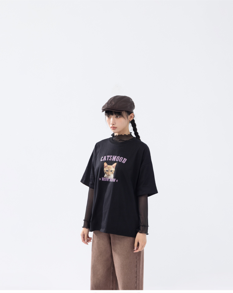 CATS MOOD Cat Head Print Short-Sleeve Top, Available in Two Colors【01190395】in stock+pre-order