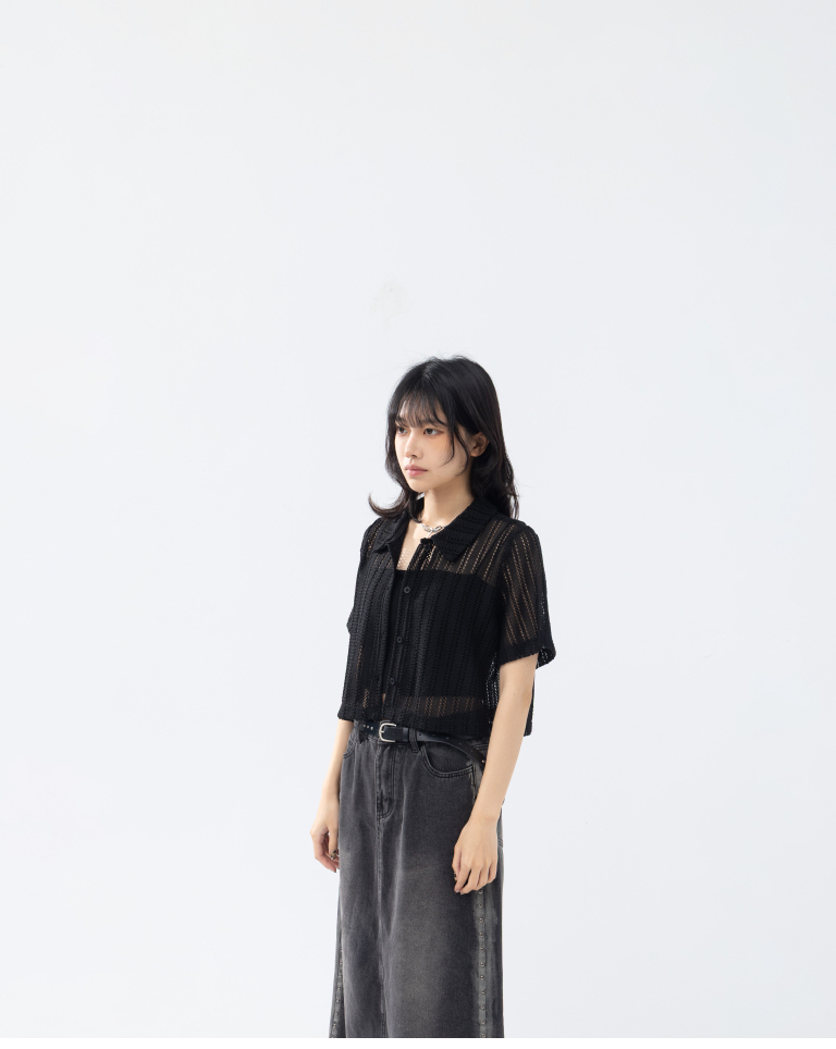 Hollow-out knit short-sleeved shirt, available in two colors.【01025820】in stock+pre-order