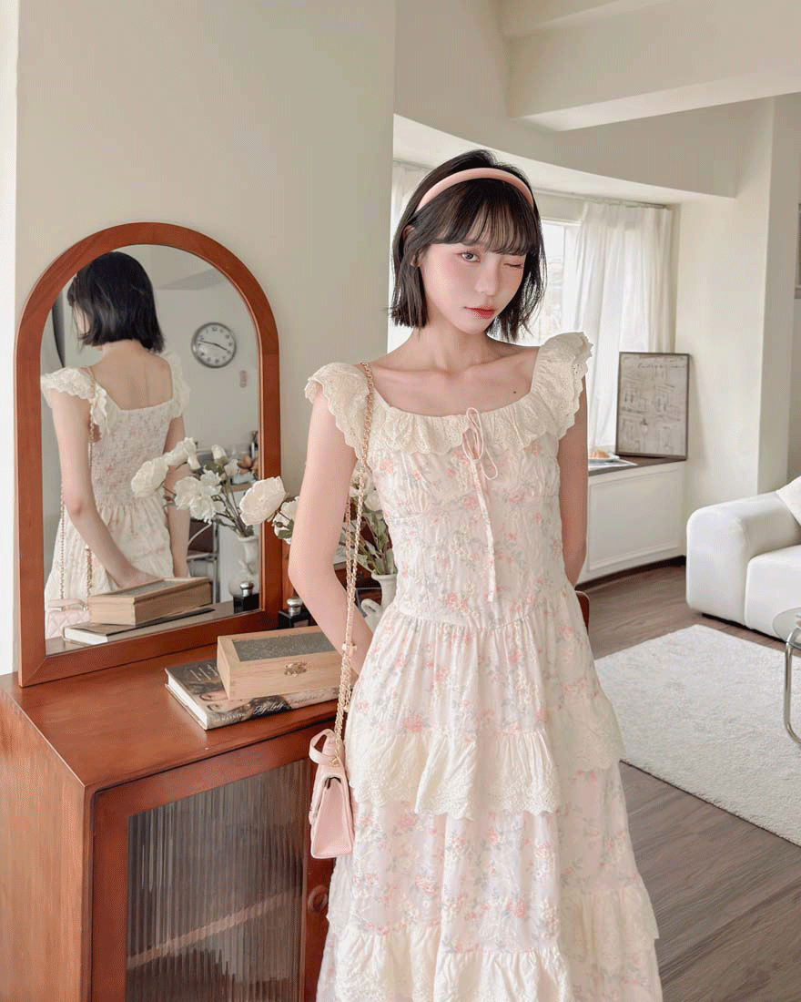 LINA LINA甜美亮采碎花刺繡緹花蝴蝶結洋裝-唯美粉