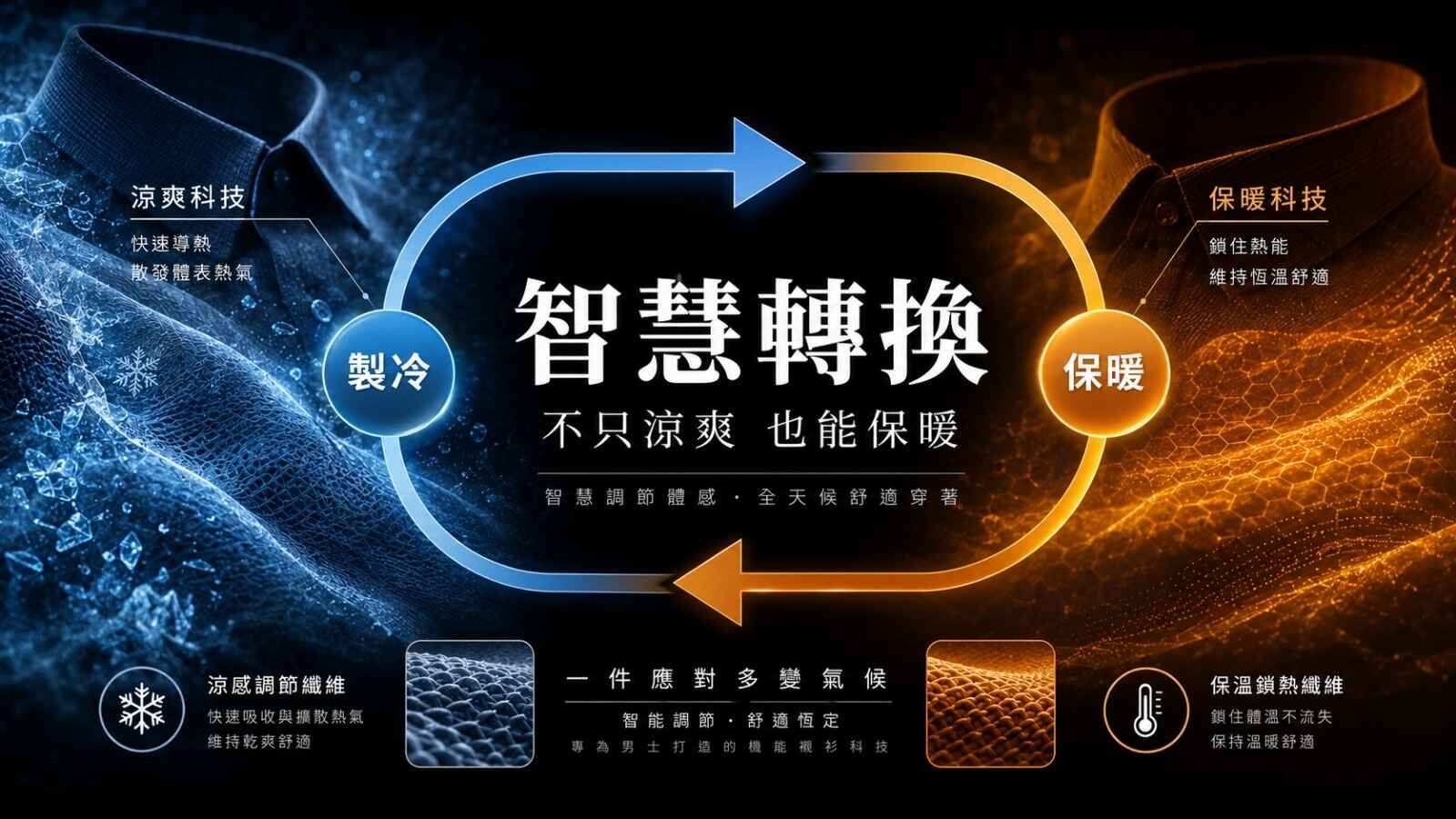 衣十五智能溫控商務襯衫科技圖，藍色涼爽科技與橘色保暖科技形成智慧轉換，呈現製冷保暖、涼感調節纖維與保溫鎖熱機能