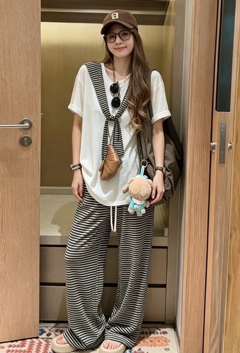 條紋披肩+V領白衣+條紋寬褲