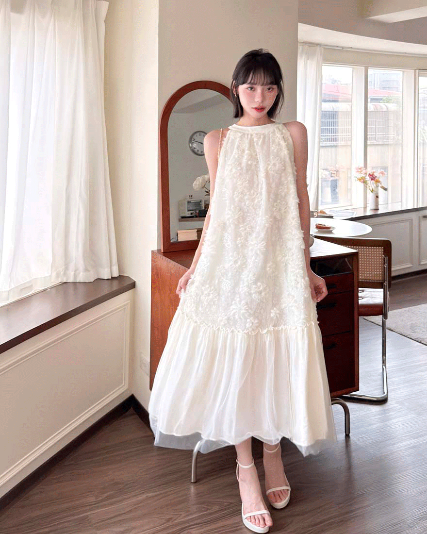 LINA LINA優雅迷麗抽鬚花朵亮片蕾絲洋裝-高貴杏