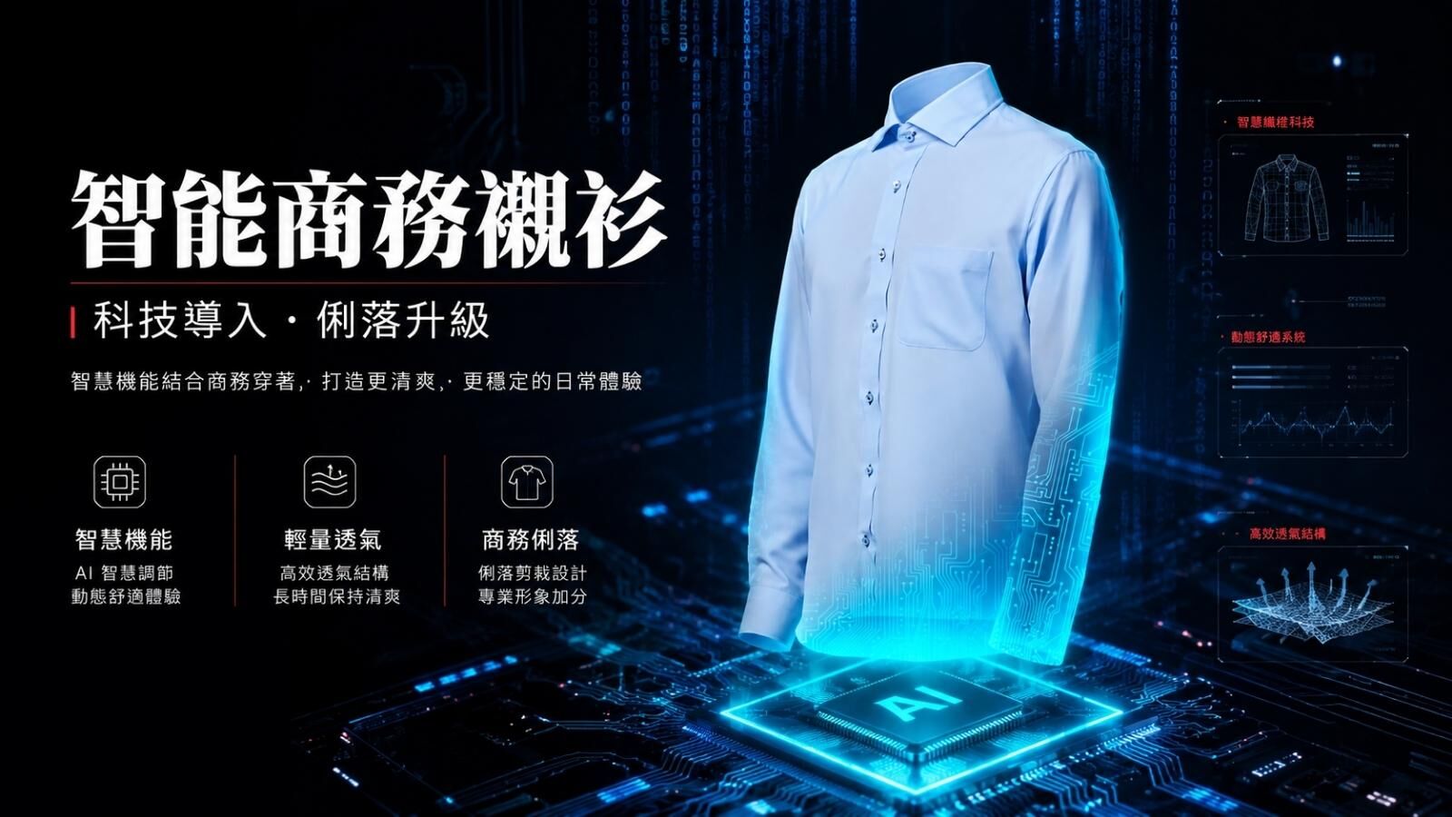 懸浮於AI運算晶片之上的衣十五智慧涼感商務襯衫，象徵結合奈米蚵殼紗與荷蘭Tastex Cool Ex涼感助劑的雙重高科技溫控性能。