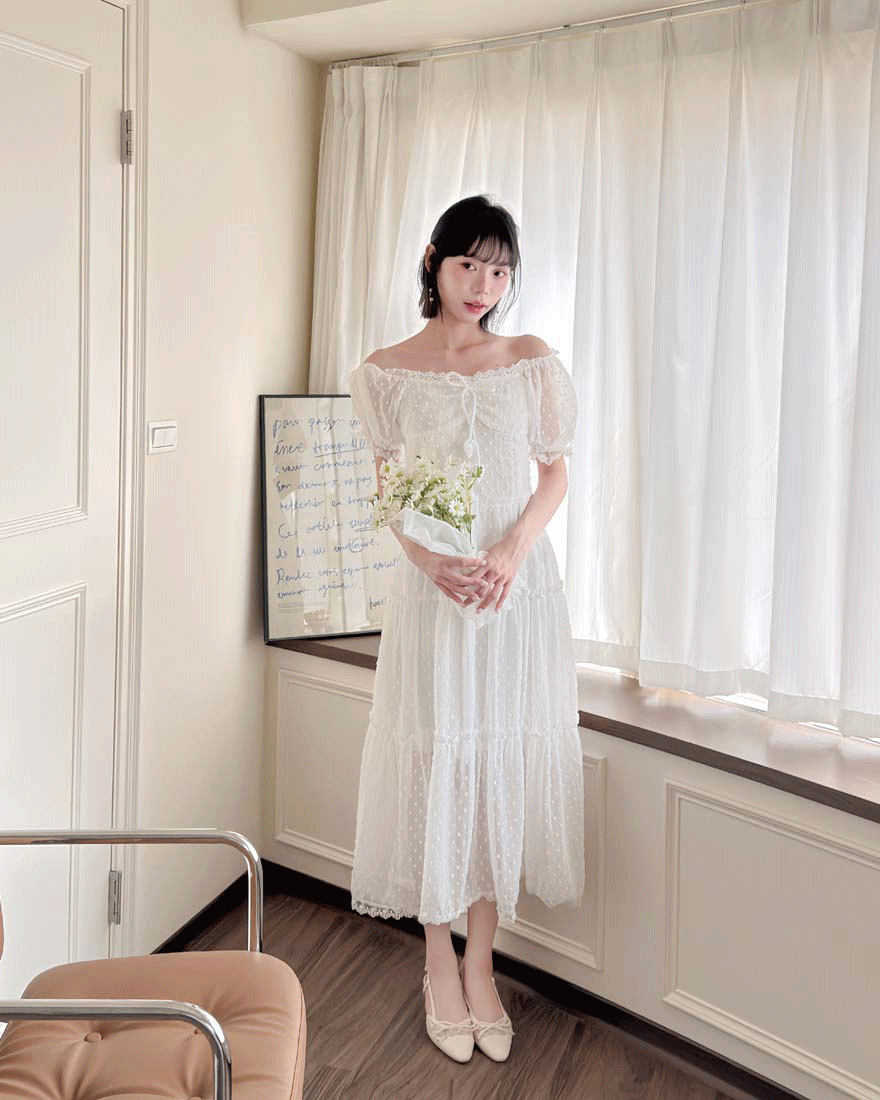 LINA LINA梨花甜意立體波點蕾絲蝴蝶結洋裝-氣質白