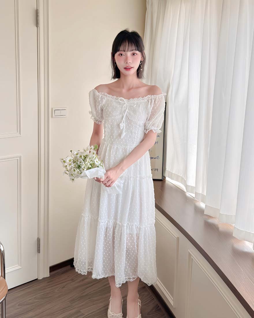 LINA LINA梨花甜意立體波點蕾絲蝴蝶結洋裝-氣質白