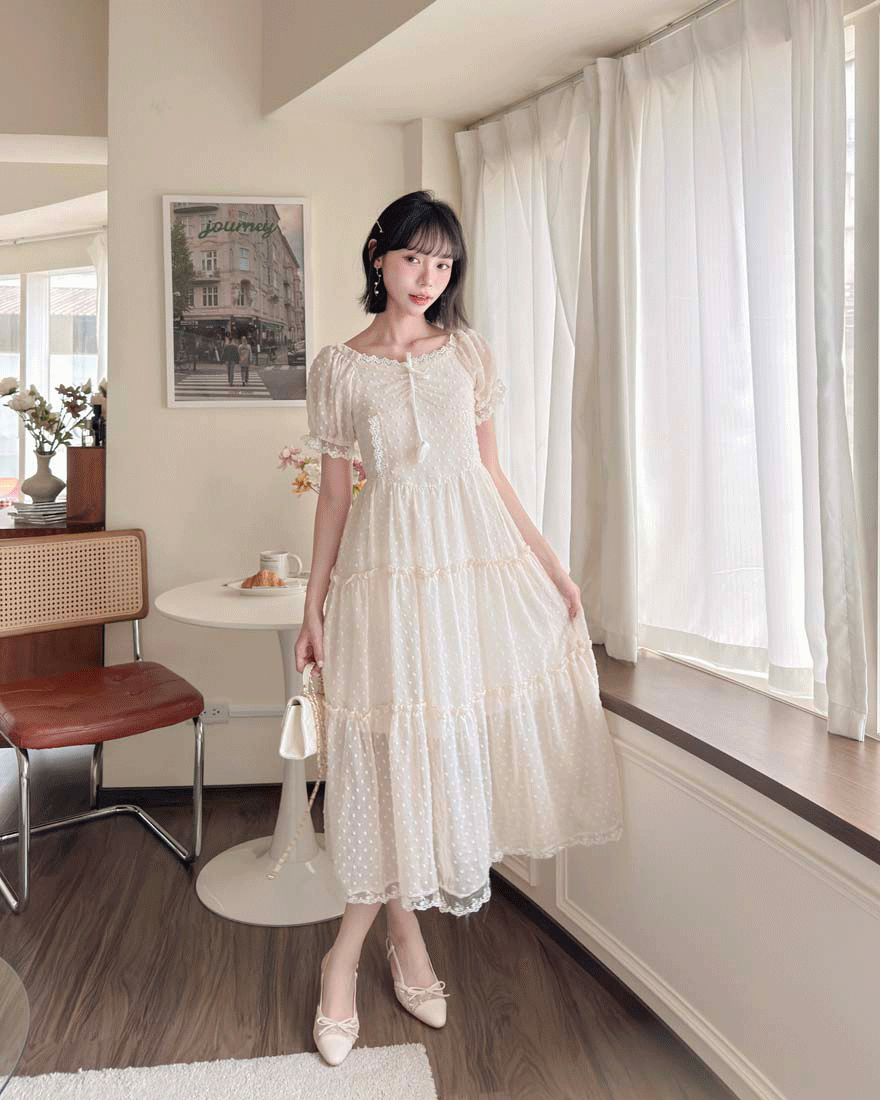 LINA LINA梨花甜意立體波點蕾絲蝴蝶結洋裝-奶油杏