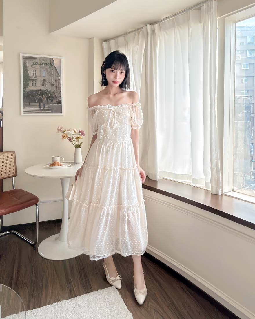 LINA LINA梨花甜意立體波點蕾絲蝴蝶結洋裝-奶油杏
