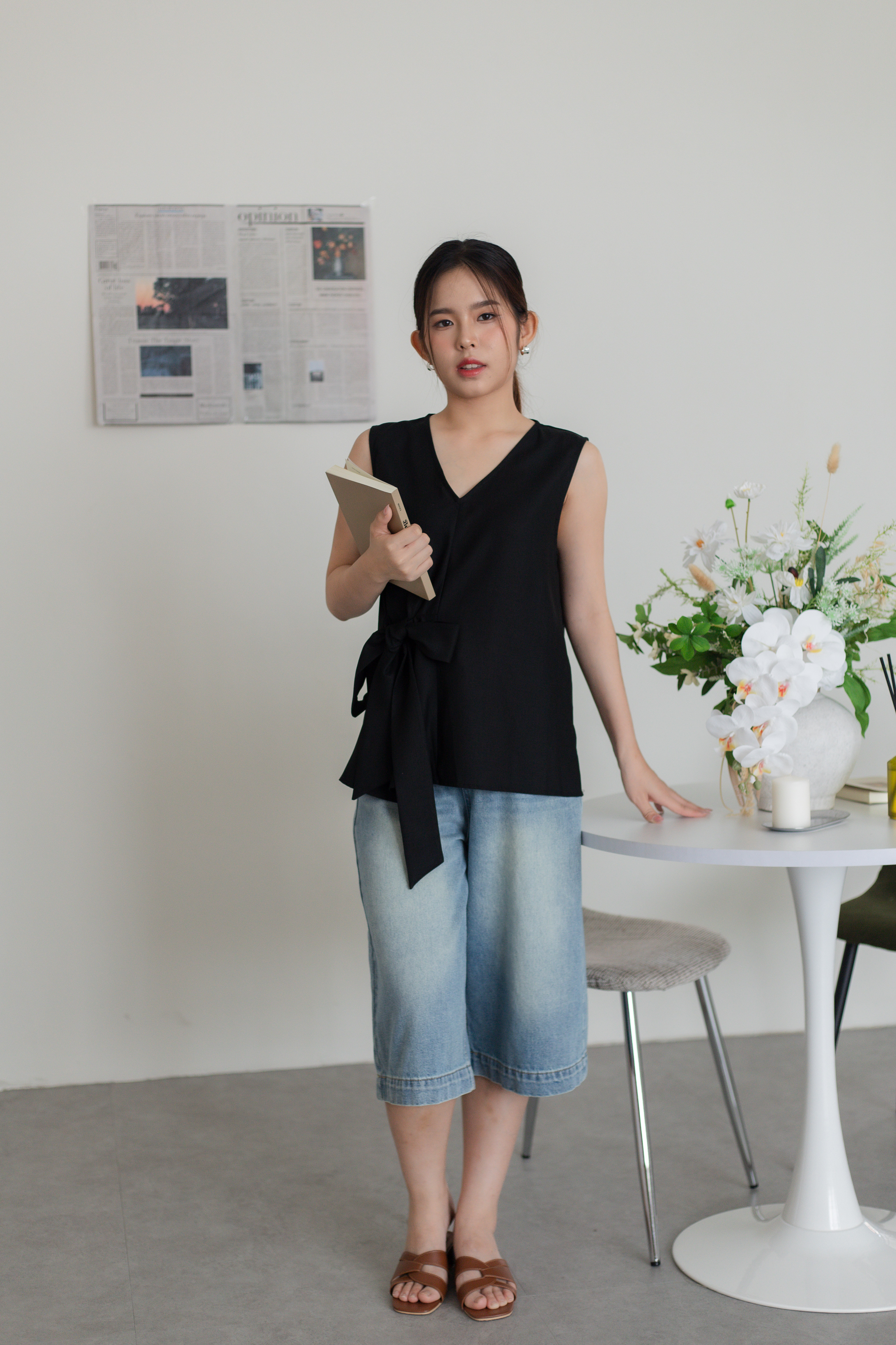 Muara Tied Strap Linen Top Black -2780BVBLK