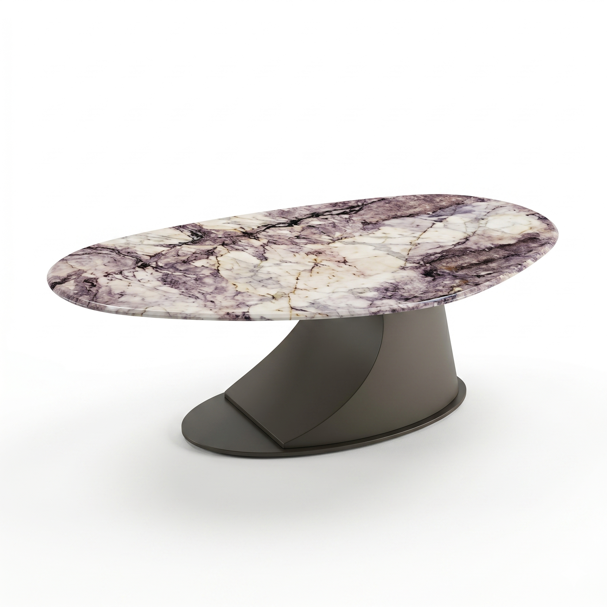 【紫境。流弧 CURVE-Amethyst】意式現代奢華紫羅蘭天然大理石橢圓形流線幾何金屬懸浮大茶几