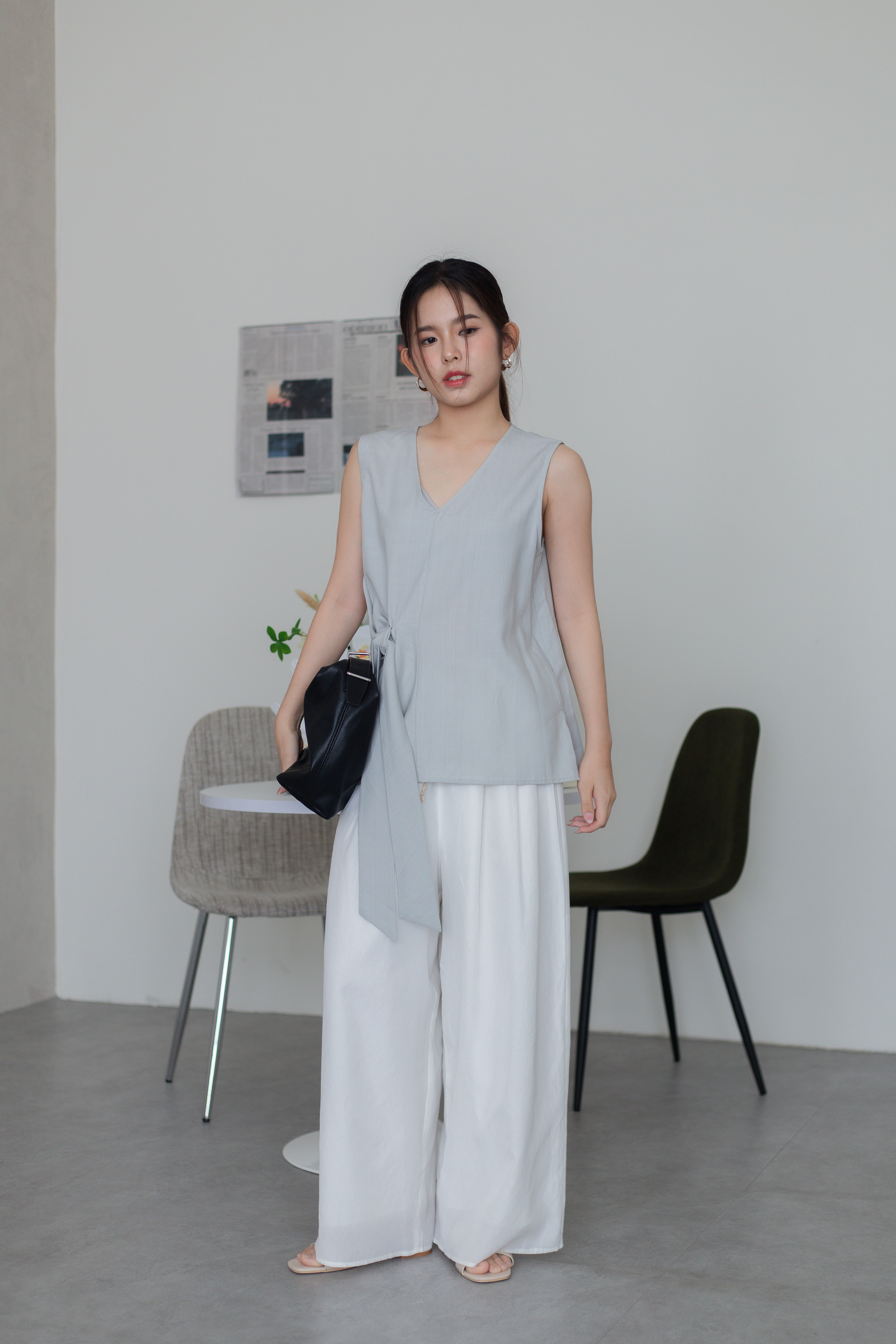 Muara Tied Strap Linen Top Blue -2780BVBLU