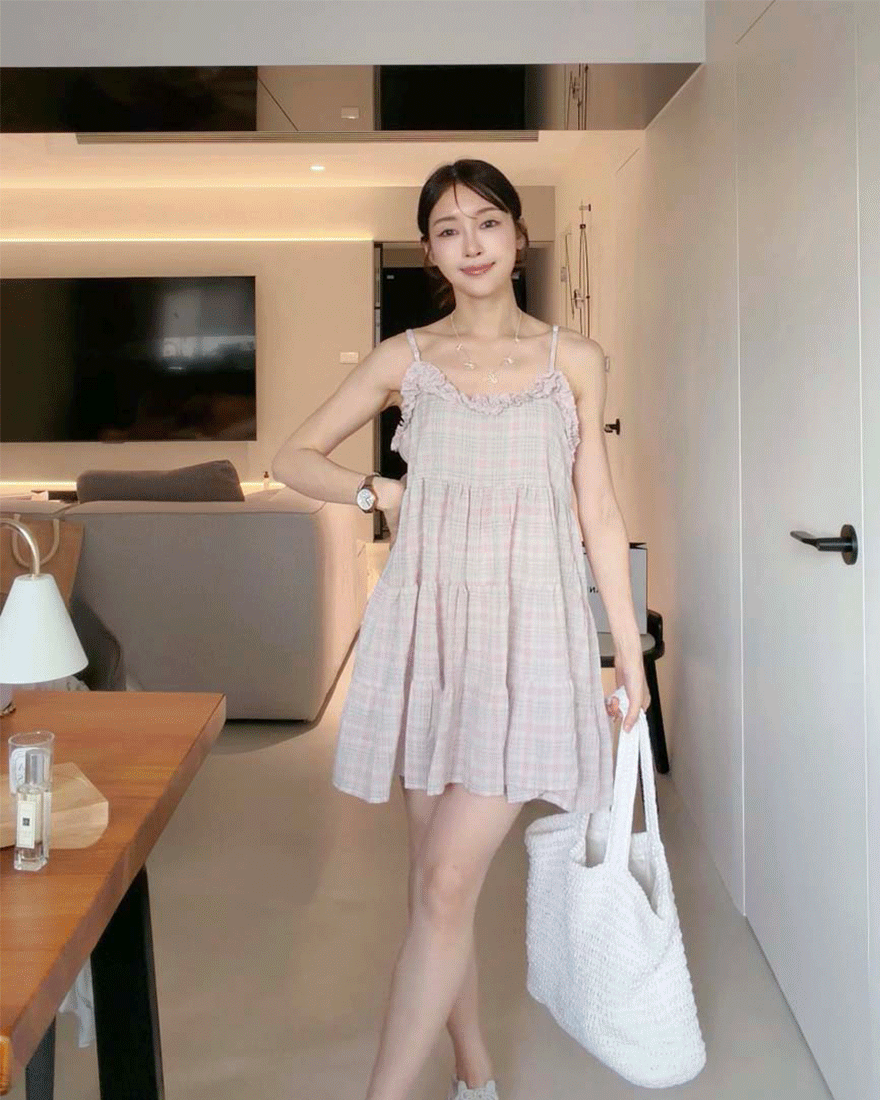 LINA LINA濃情甜氛撞色格紋荷葉壓摺滾邊洋裝-甜美粉