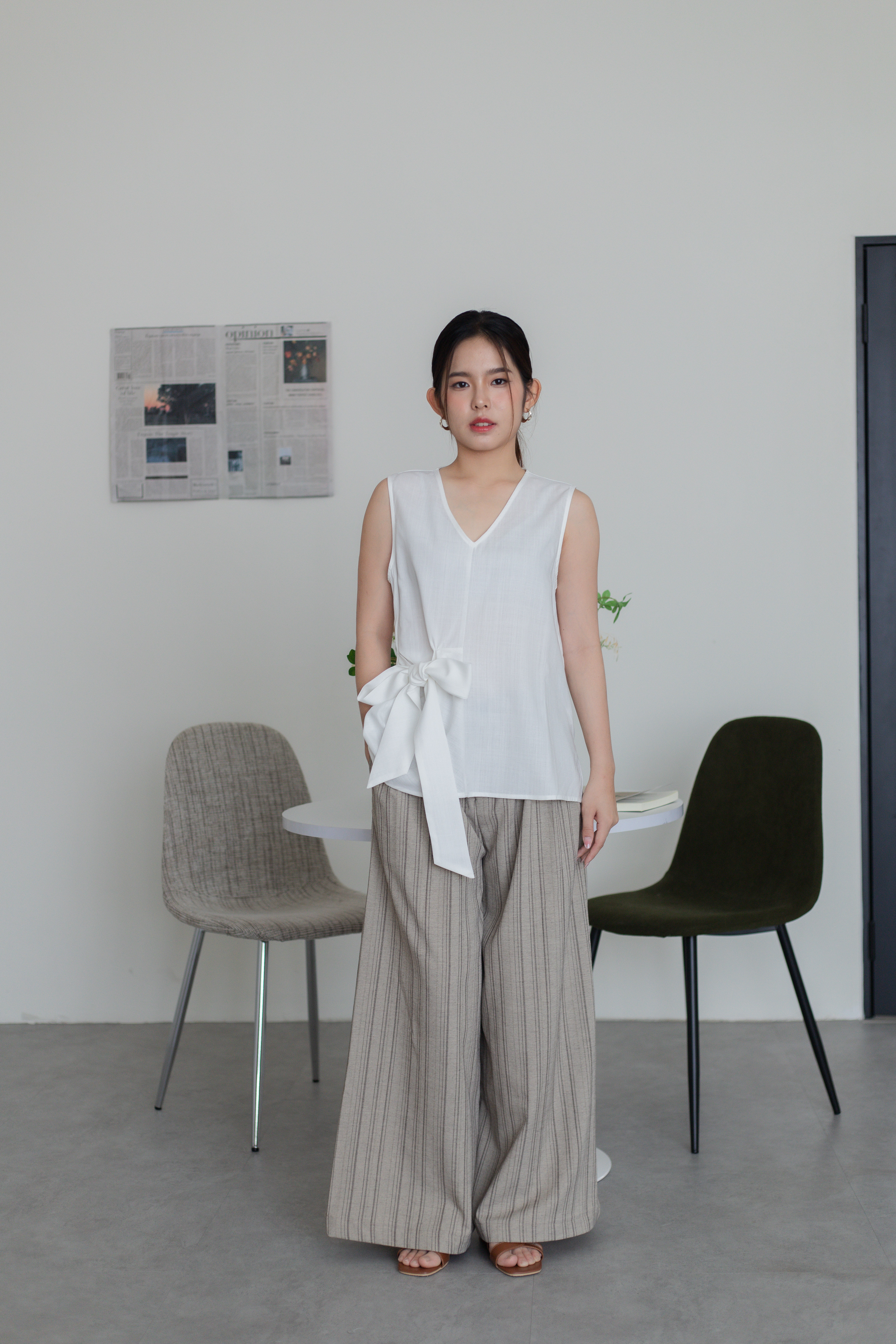 Muara Tied Strap Linen Top White -2780BVWHI