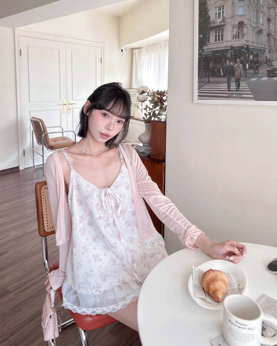 LINA LINA戀愛紀事碎花綁結上衣外套兩件組-粉X白
