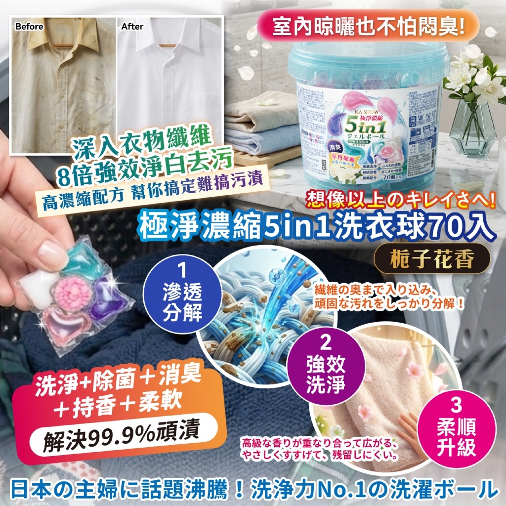 WSBB11878  2026全新升級｜極淨濃縮5in1洗衣球(8gx70顆入/桶)#梔子花香（8月中旬）