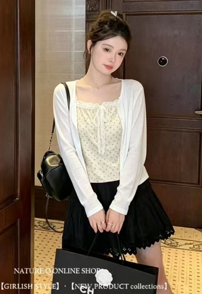 蕾絲蝴蝶結碎花背心+防曬外套
