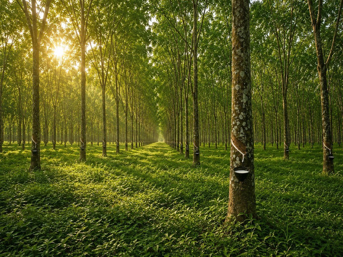 橡膠樹林實景：井然有序的橡膠樹排列、陽光穿過樹冠灑落，樹幹上掛著採集乳膠汁的容器，呈現永續採膠的自然景象