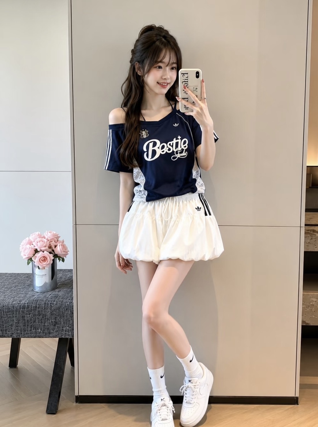 【Luxury】 Adidas originals 球衣風寬松露肩吊帶鏤空蕾絲短袖 T恤 女款 蕾絲側邊修身型  蝴蝶結細肩 KU4756 KU4757