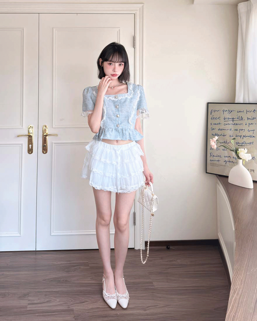 LINA LINA正韓微甜貴氣刺繡網紗銀釦織紋上衣-典雅藍