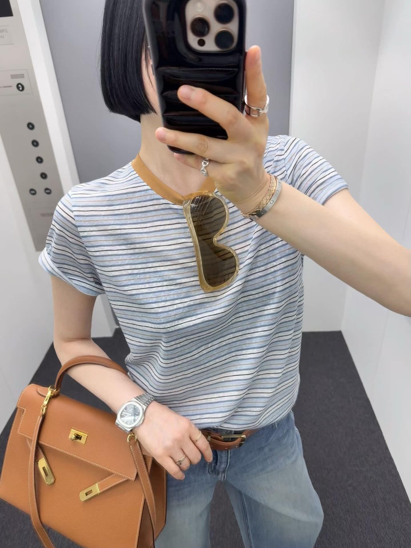 FL28 亞麻撞色條紋Tee
