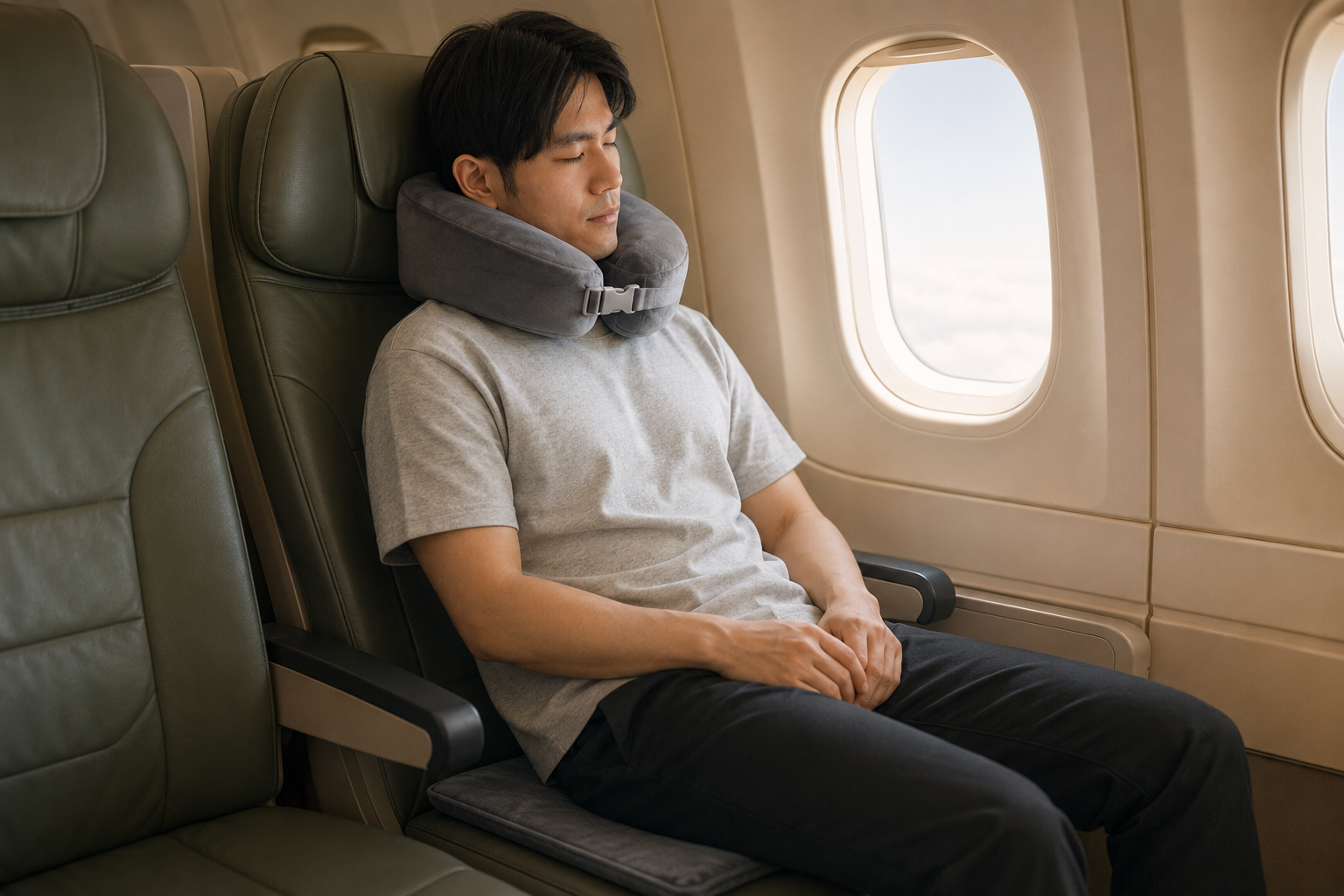 旅人在機艙窗邊戴著森好眠灰色天然乳膠頸枕安穩入睡