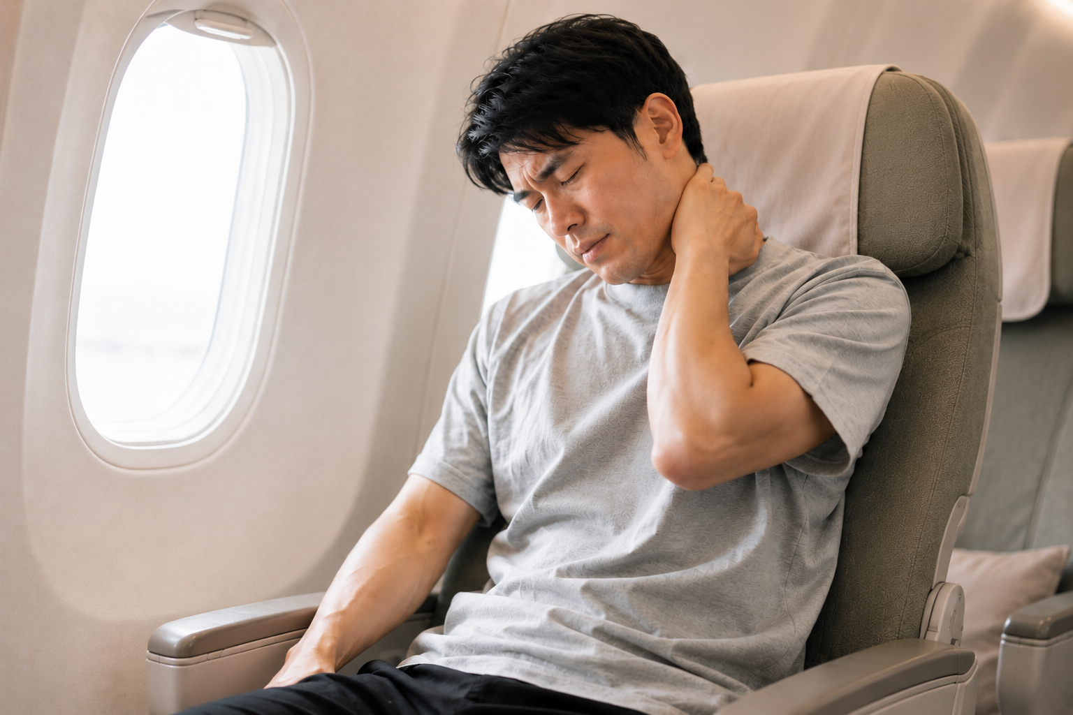 旅客在飛機座位上沒有頸枕,頭歪一邊揉著痠痛的脖子