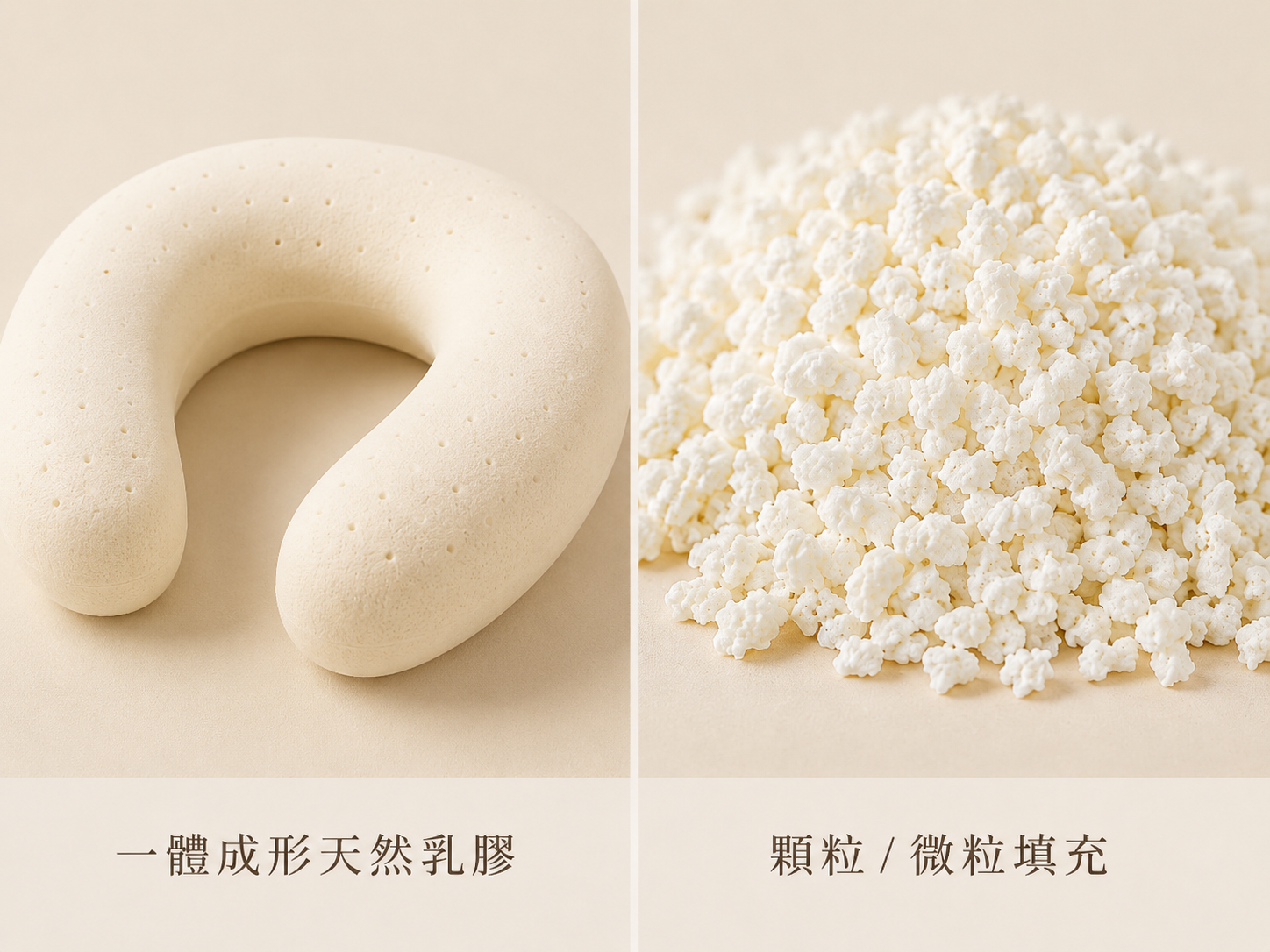 左為整塊一體成形天然乳膠,右為鬆散的乳膠顆粒微粒填充對比