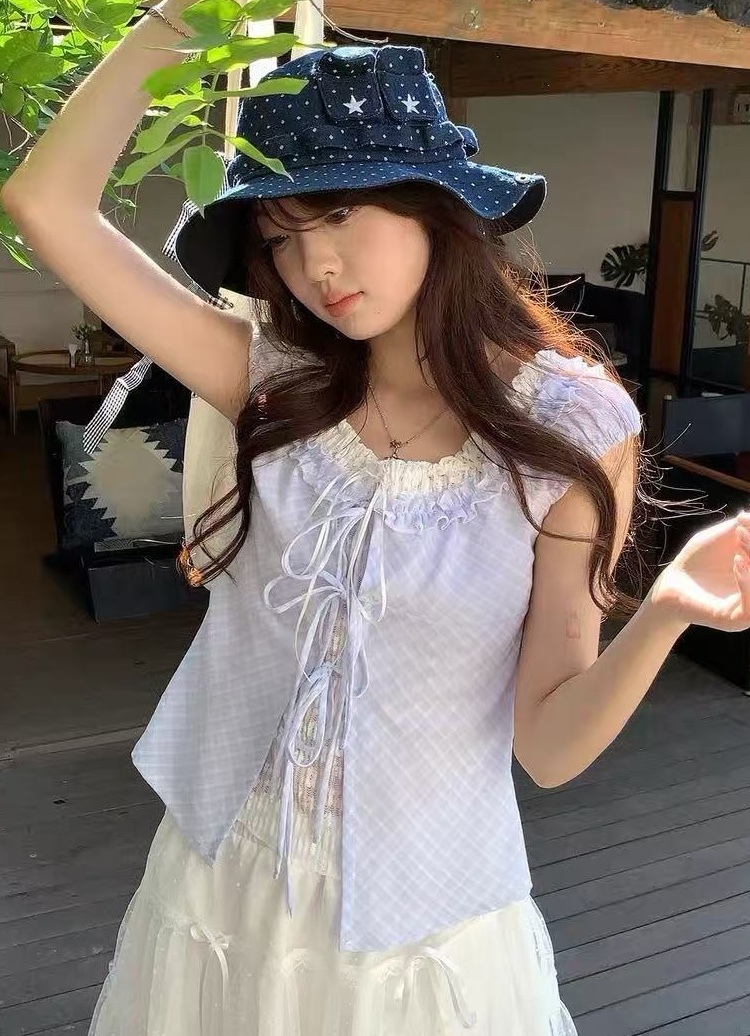 格紋接蕾絲綁帶荷葉背心