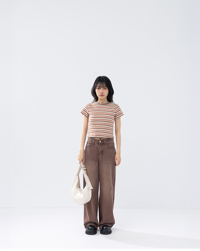Striped short-sleeved top with colored piping, available in three colors【01099659】in stock+pre-order