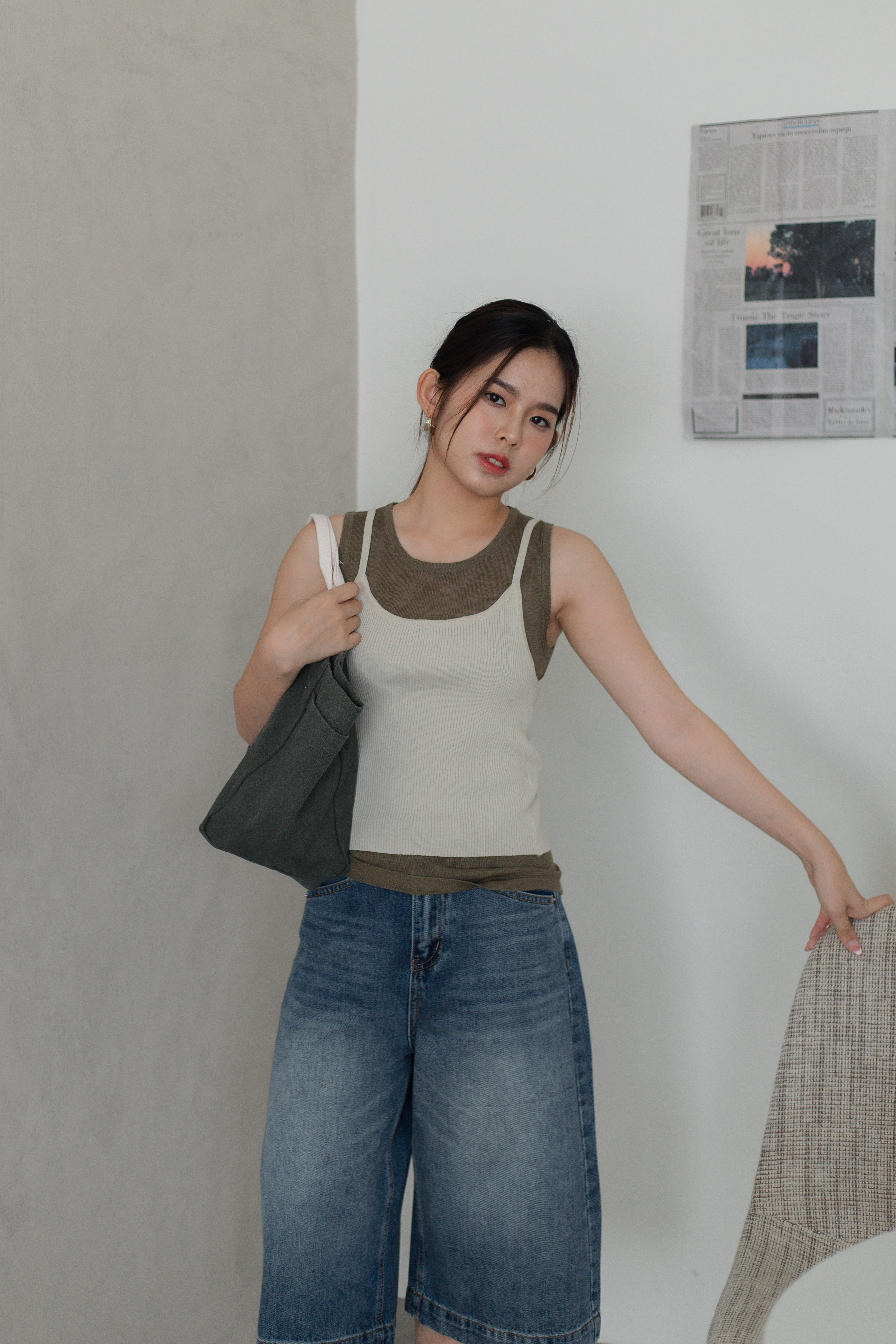 Decole Contrast Layering Knit Top Beige - 2777KVBEI