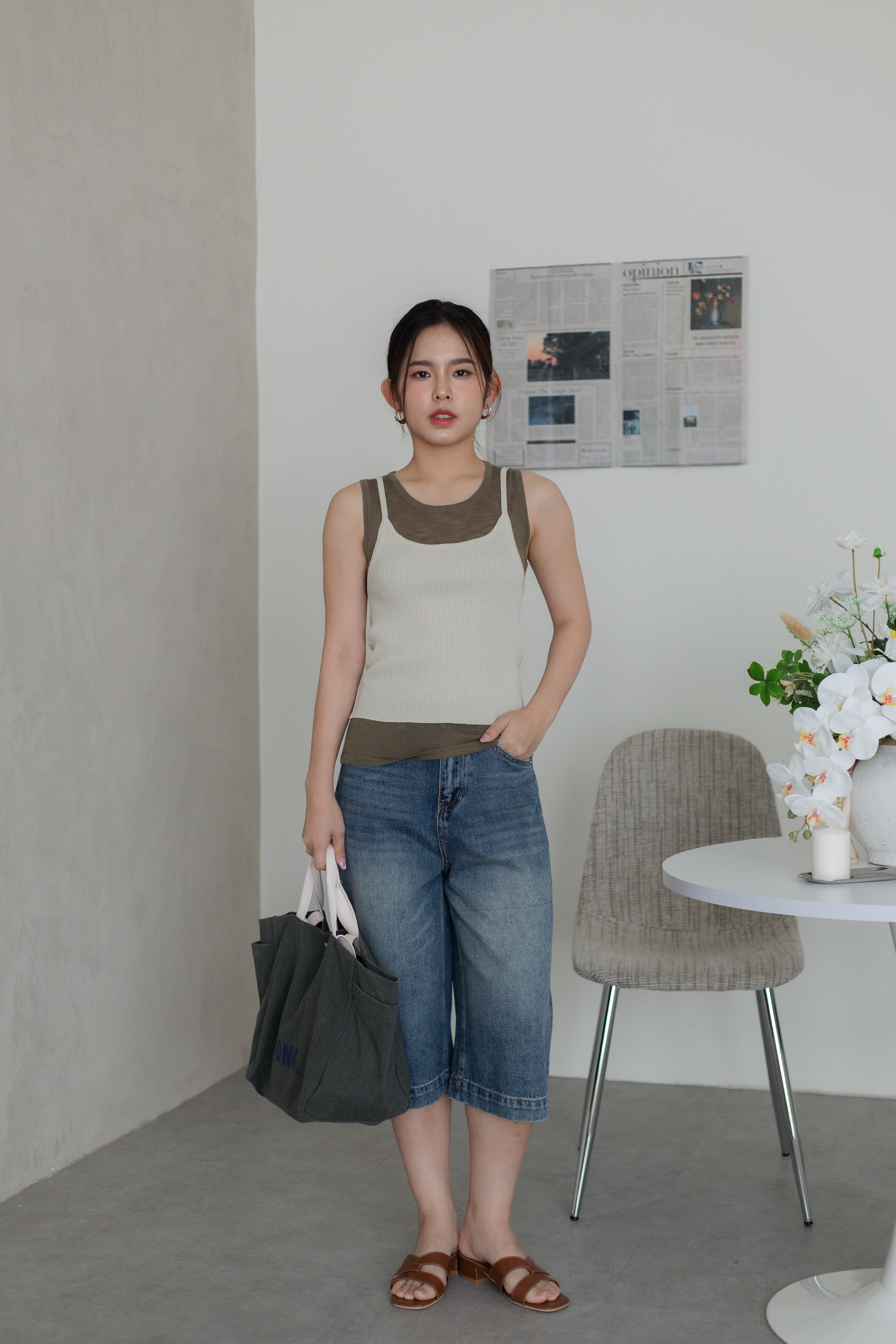Decole Contrast Layering Knit Top Beige - 2777KVBEI