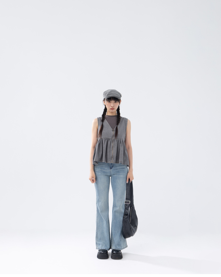 Washed distressed zipper denim vest【01099720】in stock+pre-order