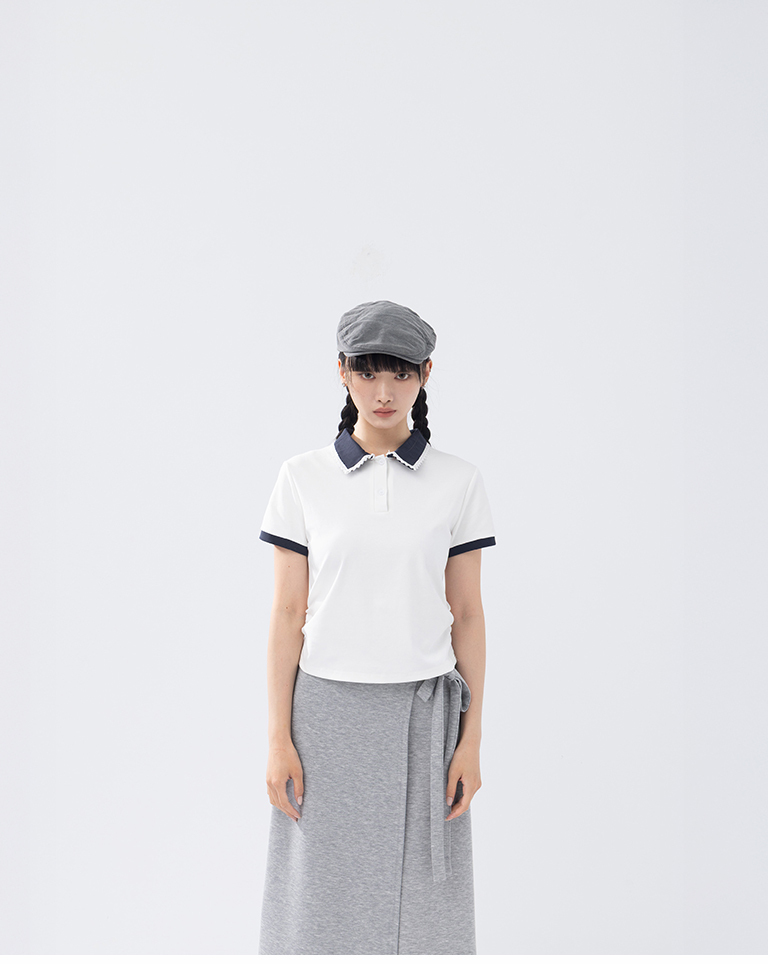 Lace-trimmed collar, ruched short-sleeved polo shirt, available in two colors.【01099732】in stock+pre-order