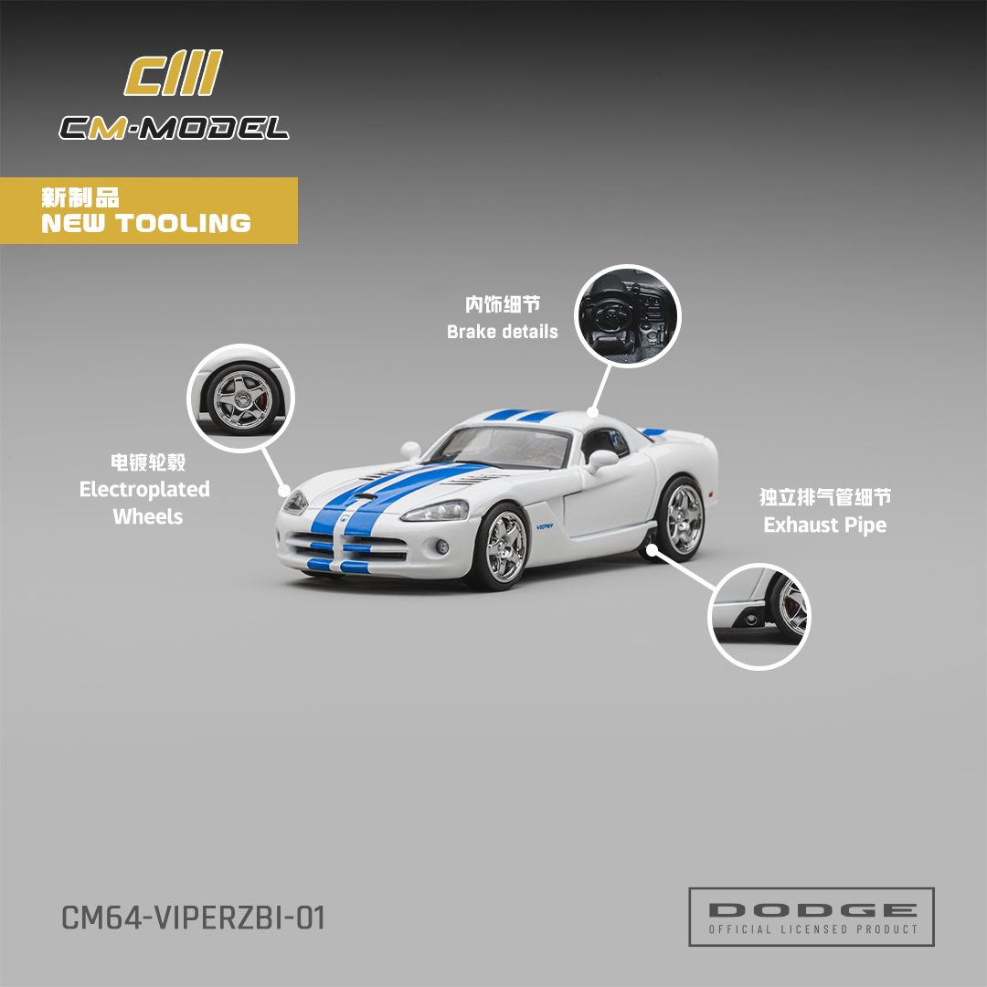 預訂:1/64 CM Model Dodge Viper（ZBI）Stone White With Blue racing stripes (CM64-VIPERZBI-01)