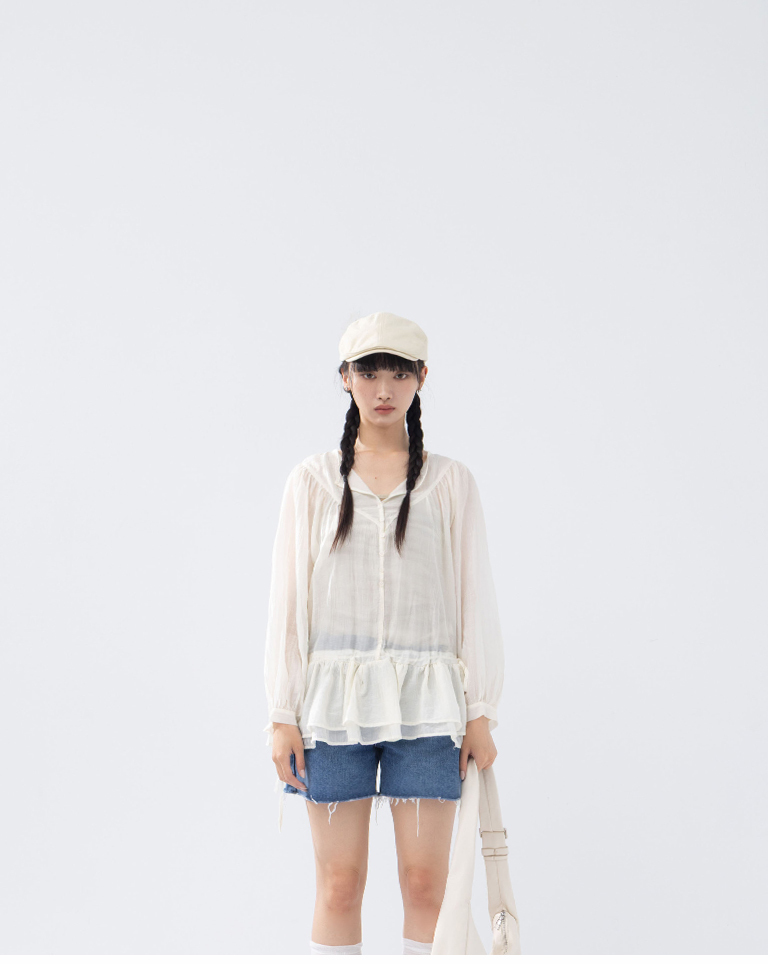 Round neck button-down top with ruffled hem and sheer long sleeves【01099745】in stock+pre-order