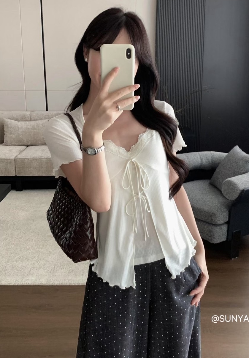 領接蕾絲綁結胸線棉質衣