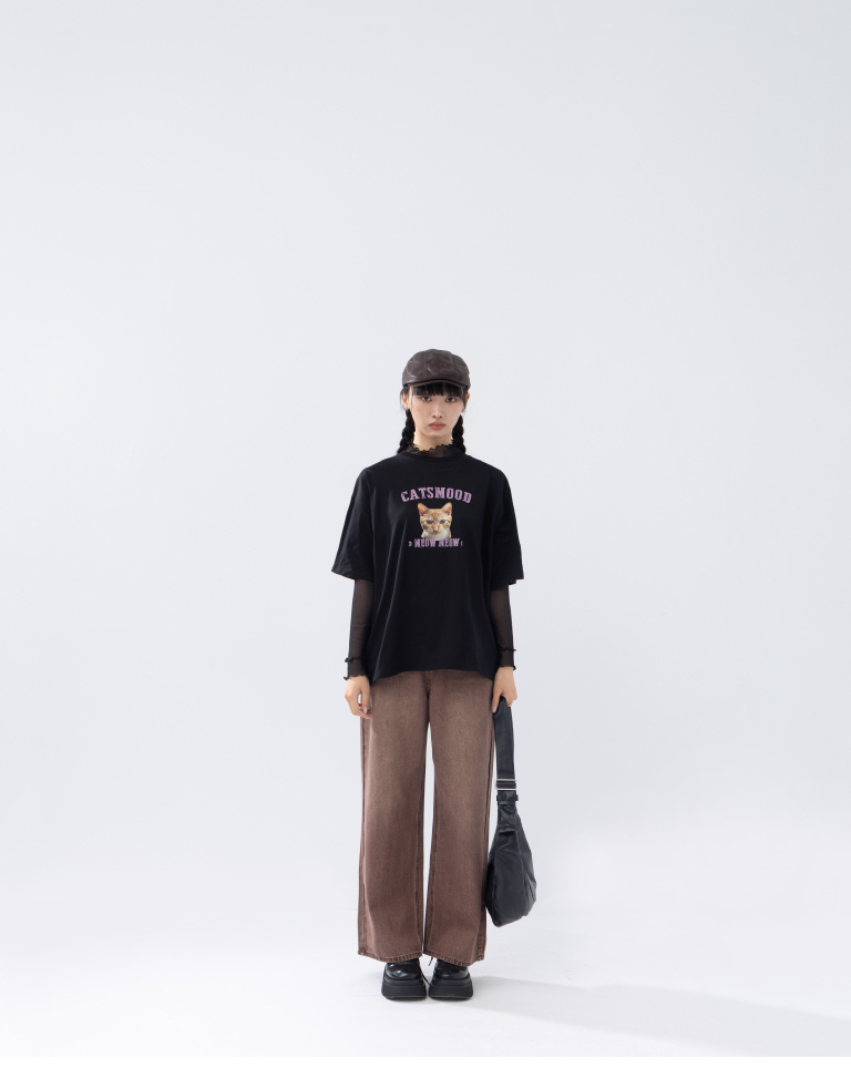 CATS MOOD Cat Head Print Short-Sleeve Top, Available in Two Colors【01190395】in stock+pre-order