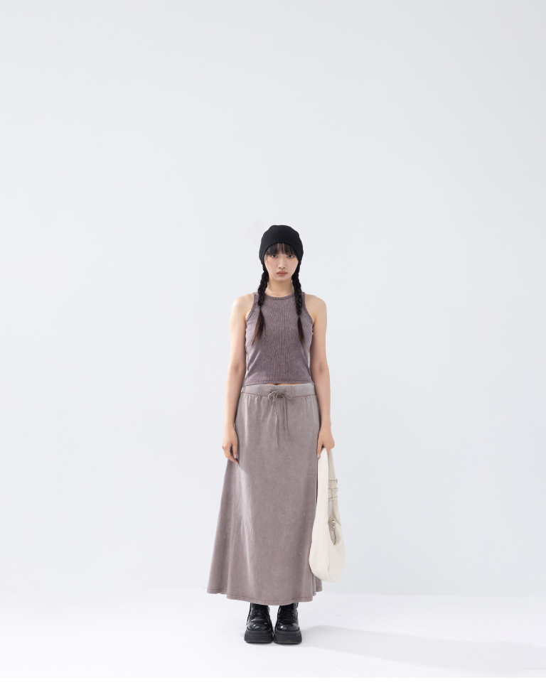 Casual distressed drawstring flared maxi skirt, available in two colors, S/M.【03021755】in stock+pre-order
