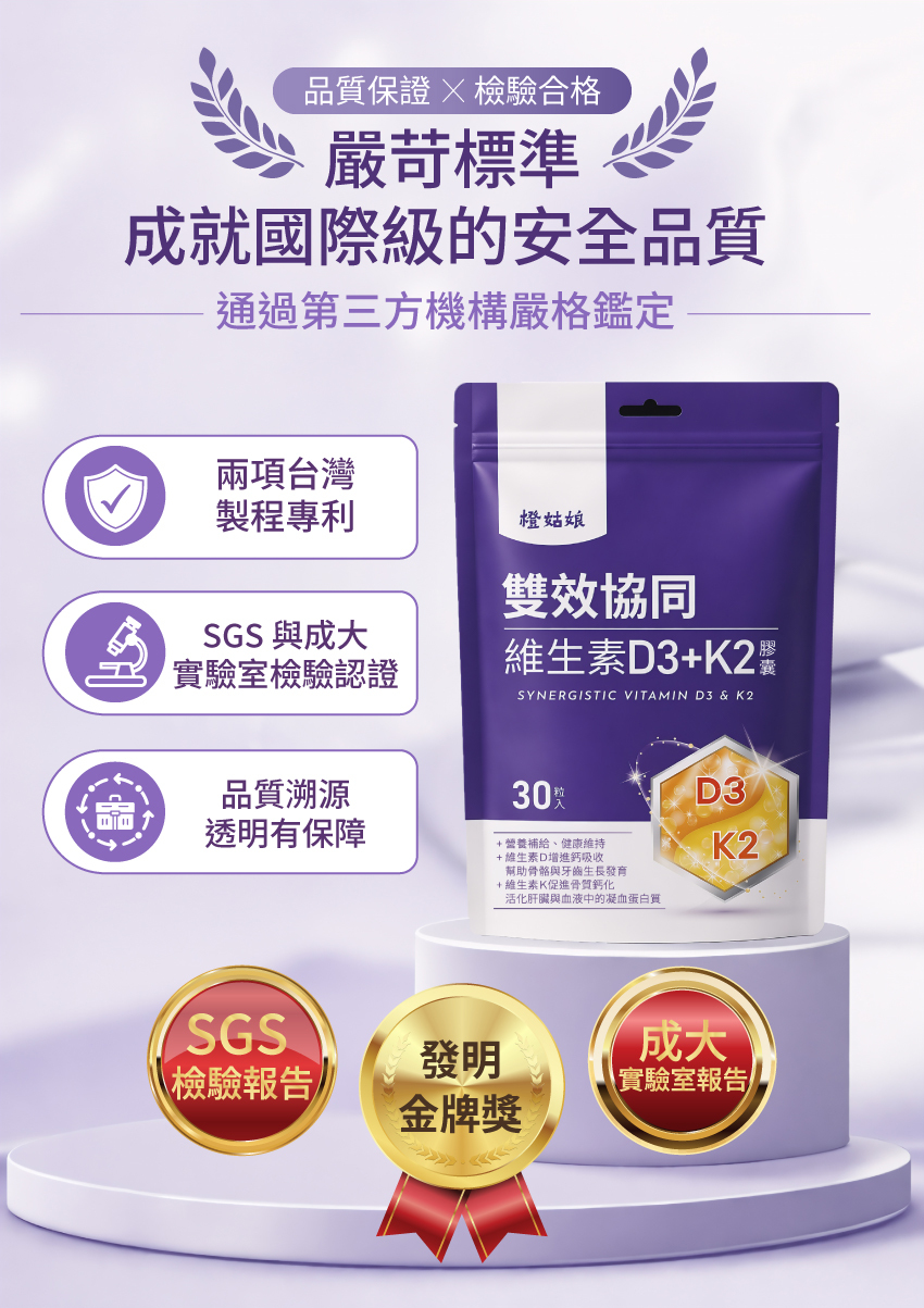 橙姑娘維生素D3+K2品質保證：榮獲發明金牌獎與兩項台灣製程專利，通過SGS與成大實驗室嚴格檢驗認證，品質透明安全有保障。